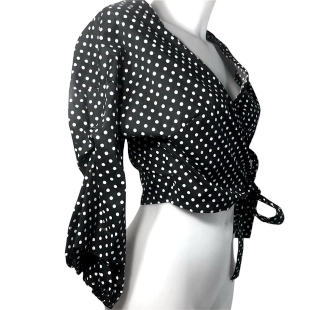 Miley + Molly Black & White Polka Dot Surplice Crop Top w/Bow NWOT Size Small